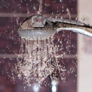 Water streams flow out of working shower head right down
